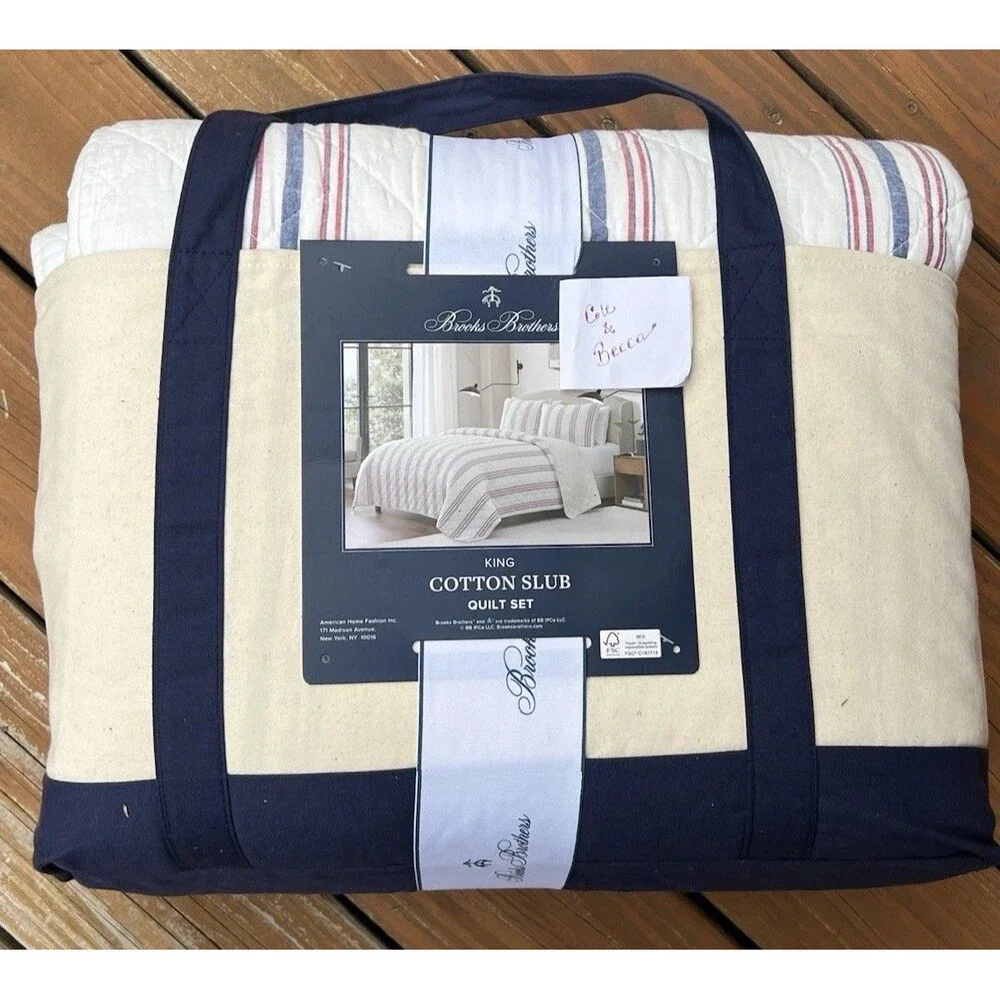 Brooks Brothers Blue Red White Stripes King Cotton Slub Quilt Set 106x92” New